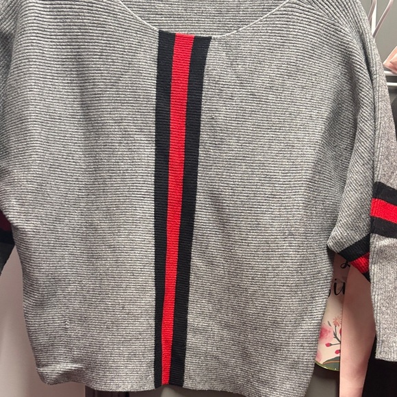 Grey Sweater with Red and Black Stripes rounded neckline NWOT - Picture 3 of 8